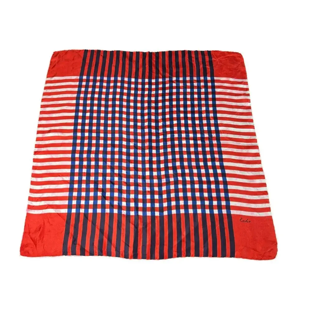 Vintage Silky ECHO brand Square Scarf- Semi Sheer- Striped- Red Blue 23x22.5